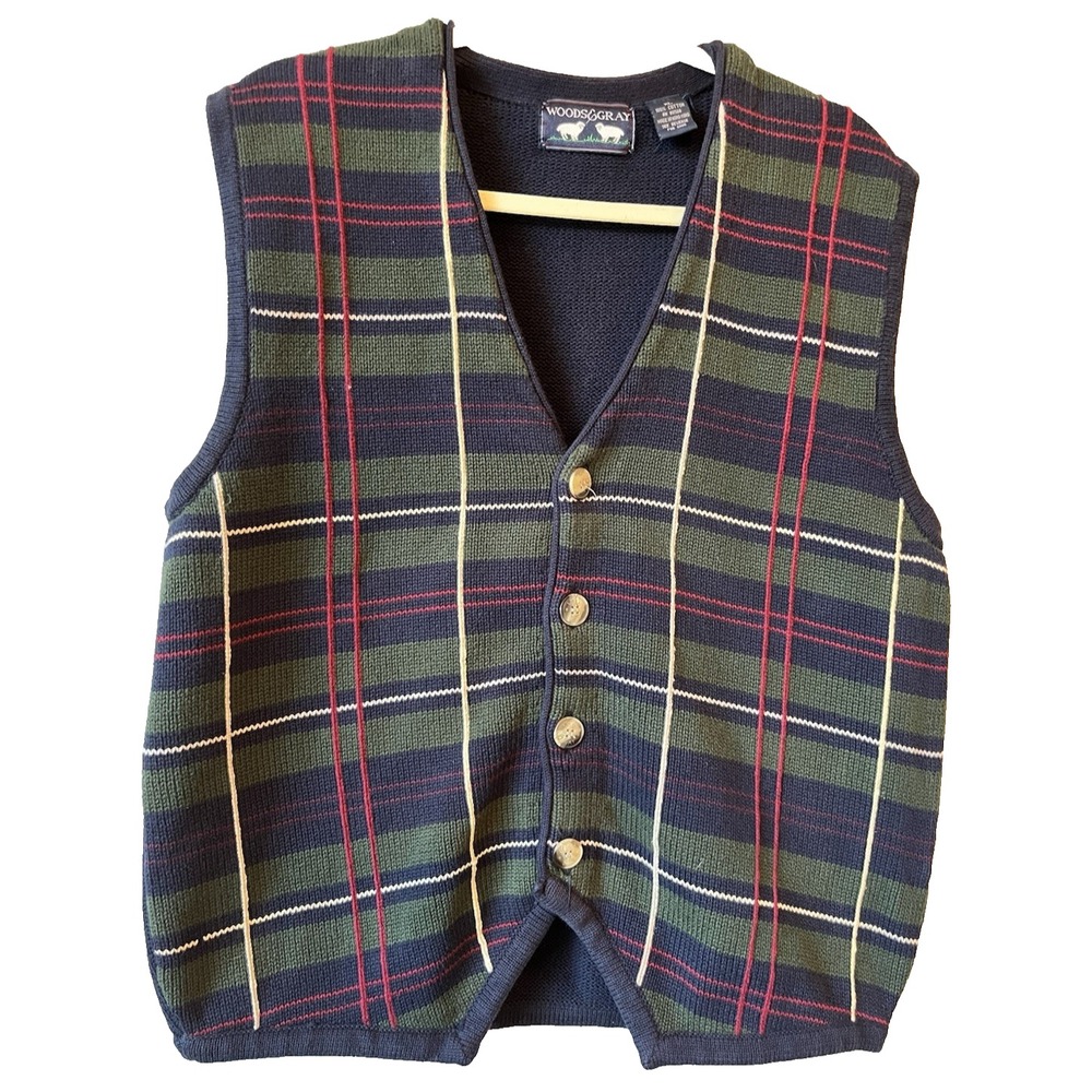 Woods & Gray Plaid Button Up Grandpa Preppy Sweater Vest Size XL Navy Vtg G25